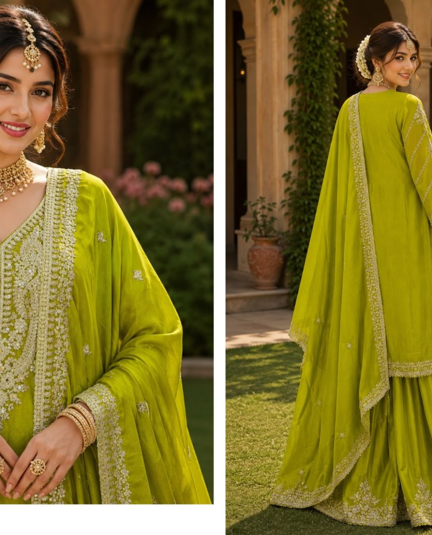 GREEN - Green Chinon Palazzo Salwar Suit with Embroidered and Thread Work